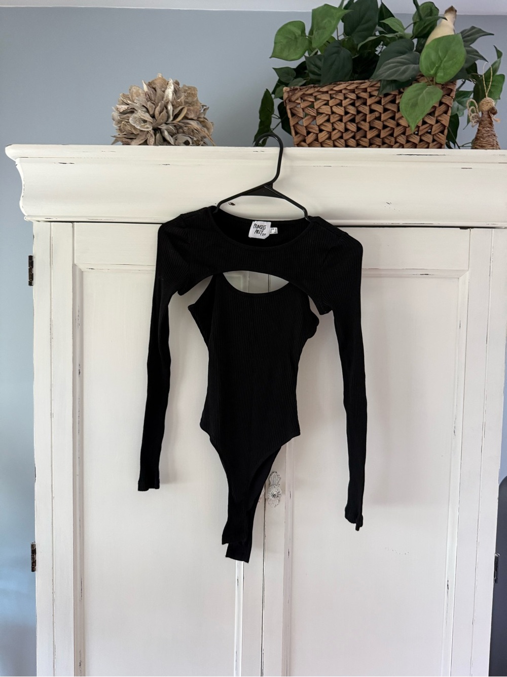 Princess Polly Black Long-Sleeve Cutout Ribbed Bodysuit